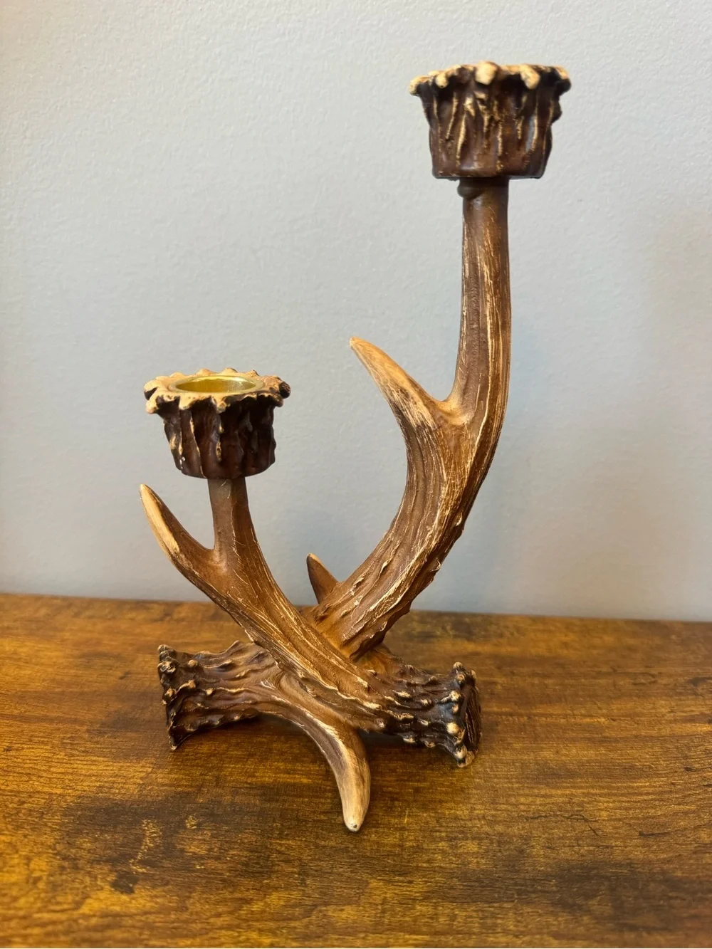 Vintage Faux Antler Double Taper Candle Holder Rustic‎ Deer Lodge Cabin Decor